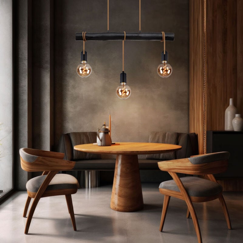 Lampe suspendue table à manger suspension lampe de salon noire moderne, lampe en bois 3 lampes corde réglable en hauteur, métal, 3x douille E27,