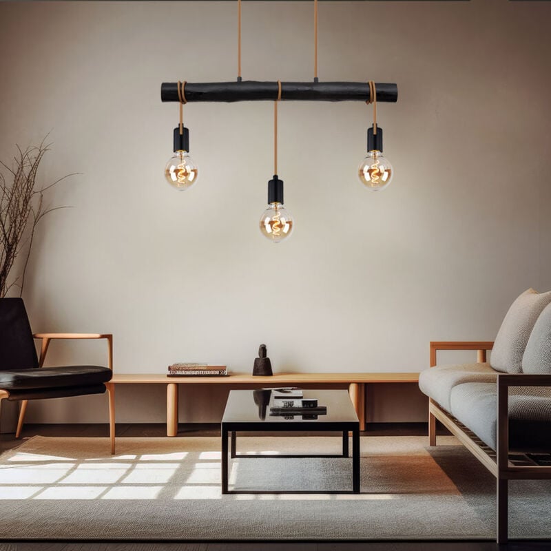 Lampe suspendue, table à manger, suspension, noir, lampe de salon, lampe en bois, corde, hauteur réglable, métal, 3x douille E27, LxPxH 60x5x120 cm