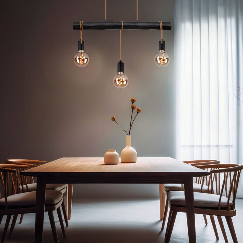 Lampe suspendue, table à manger, suspension, noir, lampe de salon, lampe en bois, corde, hauteur réglable, métal, 3x douille E27, LxPxH 60x5x120 cm