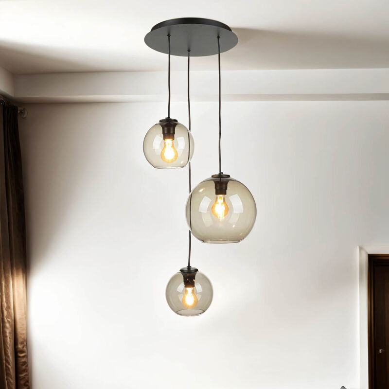 Licht-erlebnisse - Lampe suspendue verre fumé 3 flammes abat-jour sphérique E27 réglable table à manger salon Licht-erlebnisse - Lampe suspendue verre fumé 3 flammes abat-jour sphérique E27 réglable table à manger salon