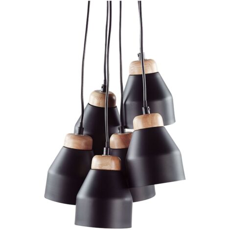Lampe Suspension 6 Abat-jours Noirs en Métal et Bois clair E14 40W Design Tendance pour Intérieurs Minimalistes et Scandinaves Beliani