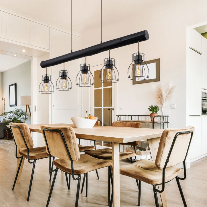 Globo - Lampe suspension bâton en bois suspension lampe de table à manger en bois vintage lampe suspension avec cinq abat-jour cage, métal noir mat,