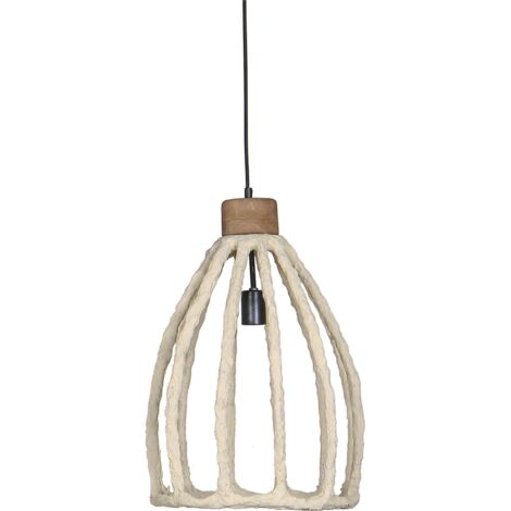 lampe suspension blanche en papier mâché et métal design artisanal - blanc naturel et bois clair