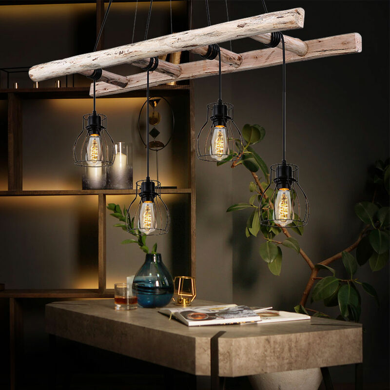 Etc-shop - Lampe suspension bois suspension vintage plafonnier, échelle, 4 lumières, LxH 115 x 192 cm, salle à manger, salon