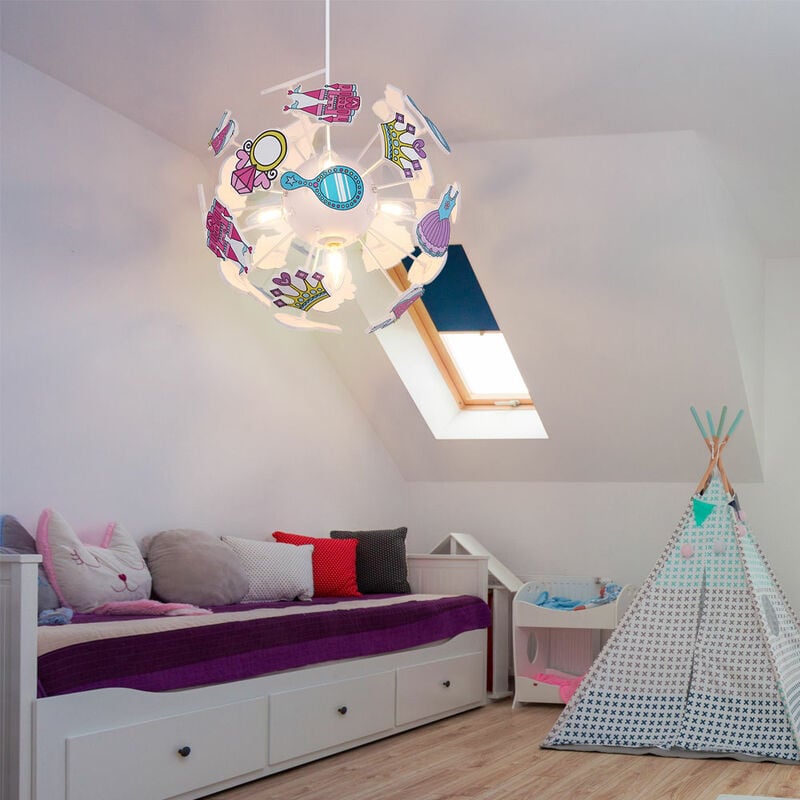 Lampe à suspendre chambre d'enfant Lampe à suspendre château Lampe pour chambre d'enfant fille, plastique, 4x E14 douilles, DxH 35 x 120