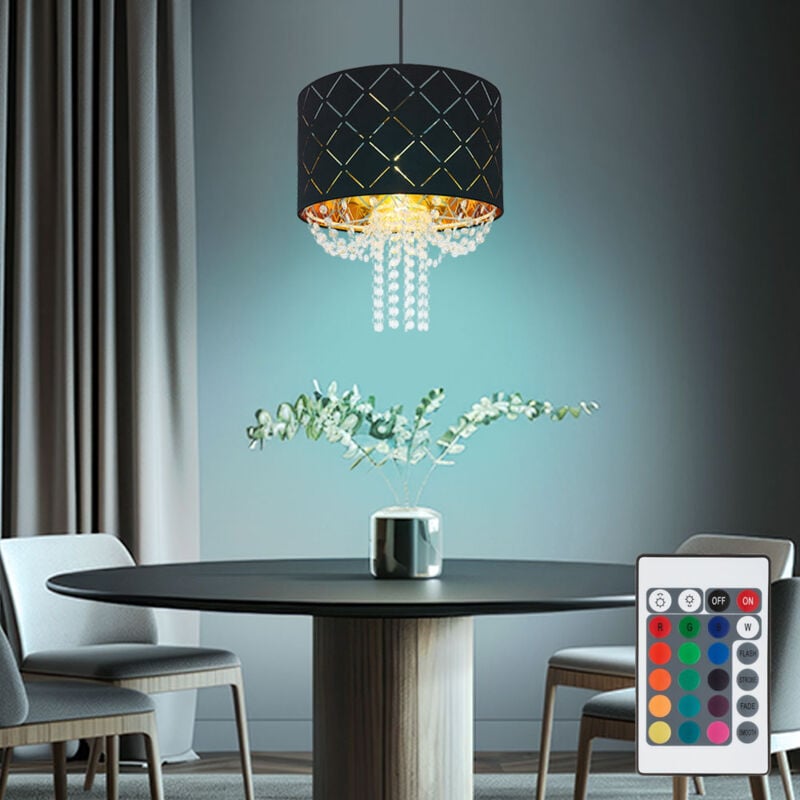 Lampe à suspension cristal plafonnier salon suspension, télécommande dimmable mémoire, effet lumière velours noir, or, 1x led rvb 8,5W 806Lm blanc