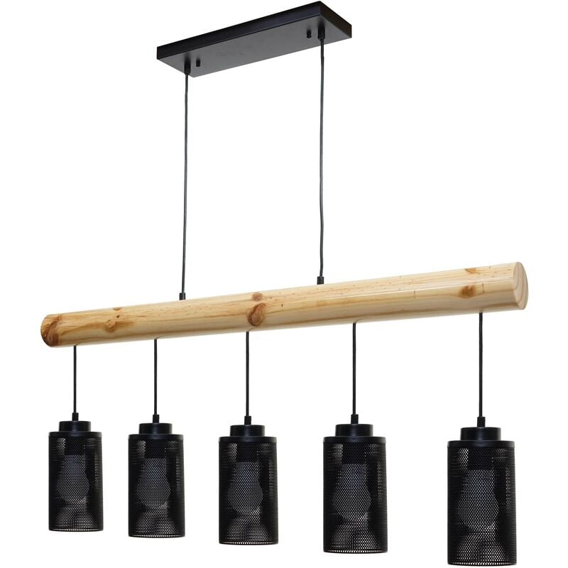 Lampe à suspension de plafond style vintage industriel en bois massif métal noir 5 abat-jour en tube 040003600