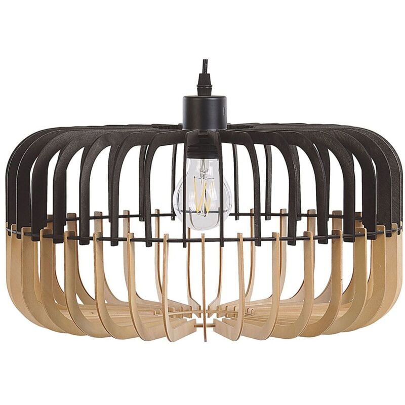 Beliani - Lampe Suspension Design Abat-jour Ajouré en Lamelles Effet Bois Clair et Noir E27 Max. 40W pour Salle à Manger ou Cuisine Industrielle