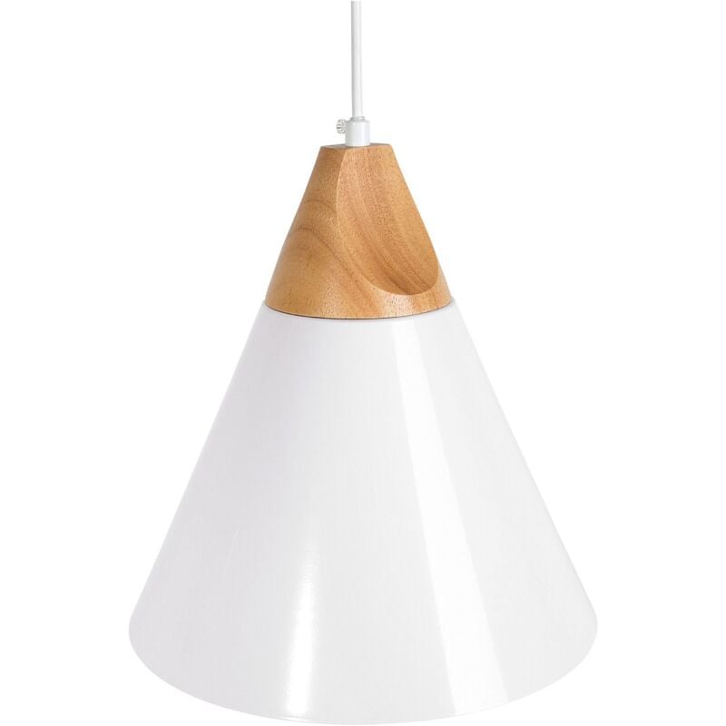 Beliani - Lampe Suspension Moderne en Aluminium Blanc et Bois Clair E27 40W avec Abat-jour Conique Décoratif pour Intérieurs Scandinaves et
