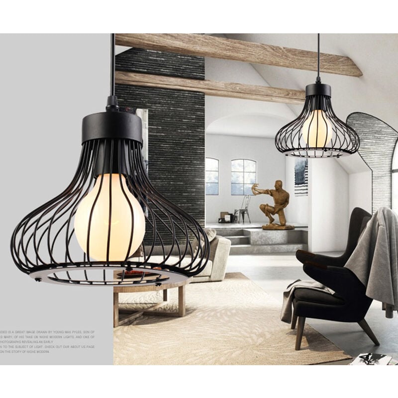 Lampe Suspension Industrielle E27 23cm Retro Plafonnier Lustre Luminaire Cafe Restaurant Noir 2PCS