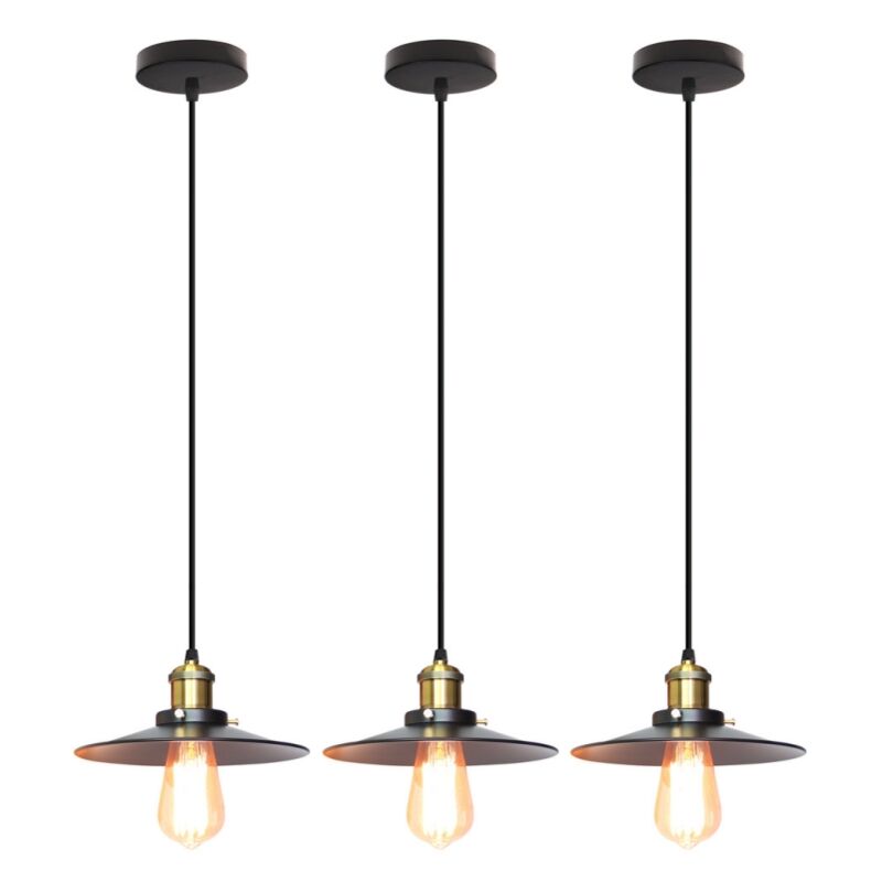 Wottes - Lampe Suspension Industrielle E27 Lustre Suspension Métal Luminaire Plafonnier Intérieur Ø22CM Noir - 3Pcs
