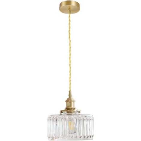 Lampe suspension industrielle vintage en verre Côtelé, Lumière suspendue rétro E27 finition laiton, Plafonnier à paire torsadée flexible Loft Bar (Clair)