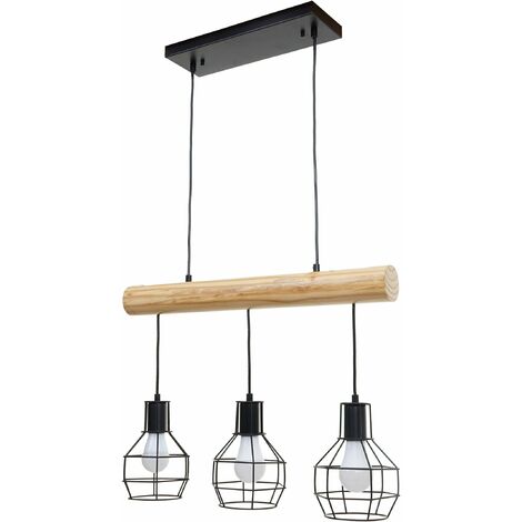 Lampe suspension lustre style industriel vintage bois massif métal noir 3 abat-jour en treillis 040003603
