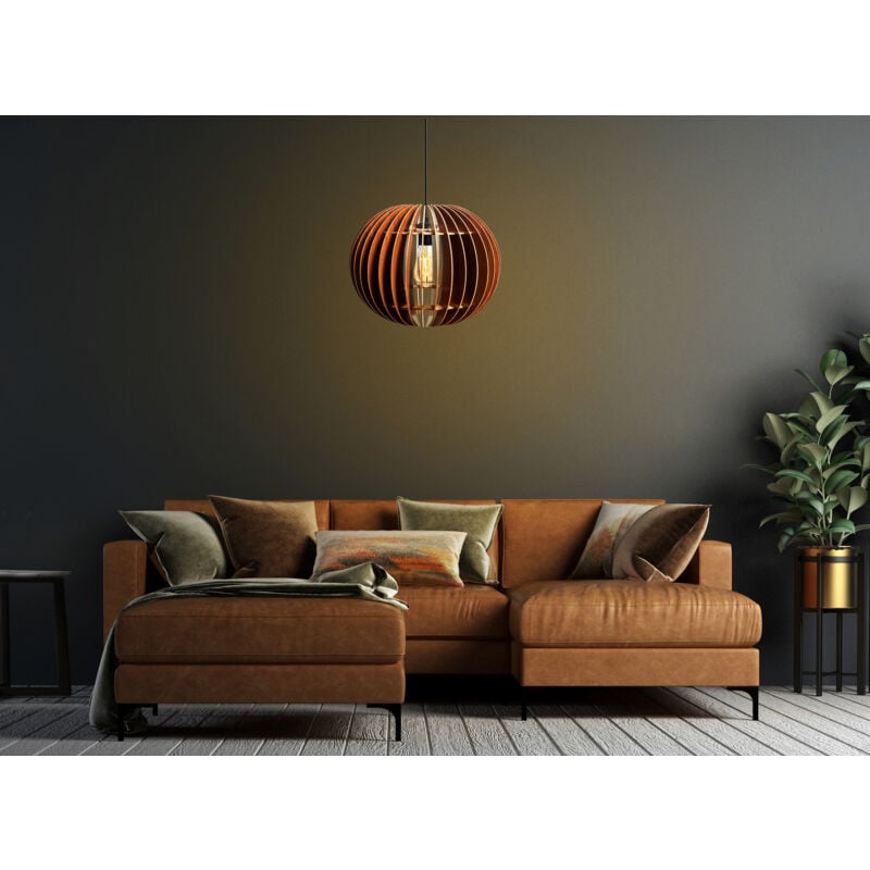 Lustre Sphérique Grand en MDF Noyer - Ø36 cm, Hauteur Réglable jusqu'à 70 cm, Type de Douille E27, pour Foyer Contemporain