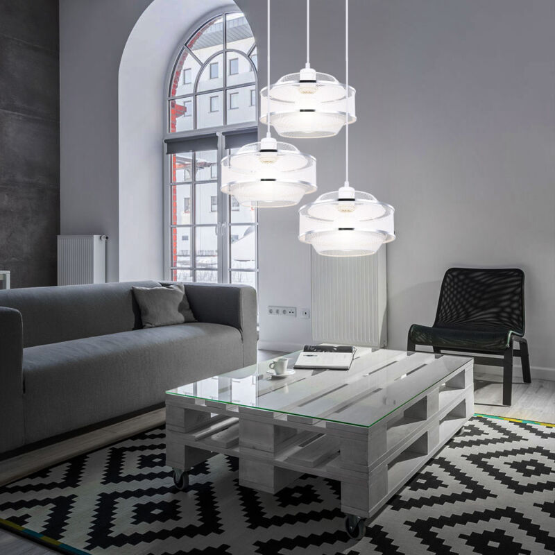 Etc-shop - Lampe suspension plafonnier salon suspension 3 flammes cage métal avec anneaux chromés, blanc argent rond, 3x E27, DxH 46,5x150 cm