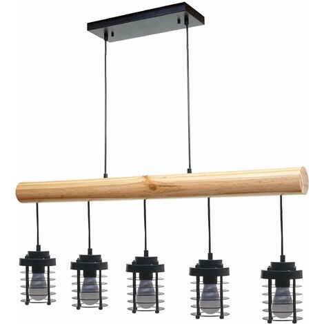 Lampe suspension plafonnier style industriel vintage bois massif métal noir 5 supports d'ampoules 040004051