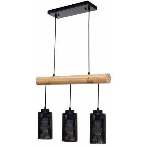 Lampe suspension suspendue design industriel en bois massif noir 3 abat-jours 040003602