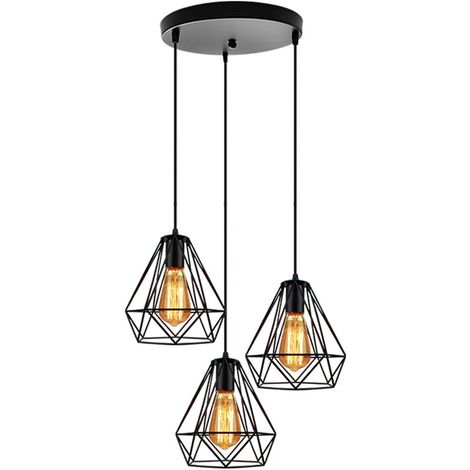 Lampe Suspension Vintage Cage Design Diamnt Noir, Lustre abat jours ( E27 Edison 3 Têtes ) Style Retro Industrielle pour Chambre Salon Cuisine Couloir