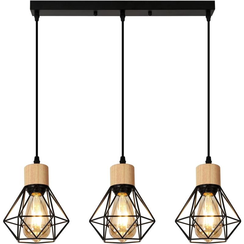 Suspension Luminaire Noir et Bois, Lustre Salon Industriel Metal 3 Lampe E27, Lampe de Chambre Plafond Vintage (Ampoule Non Incluse) Longueur du