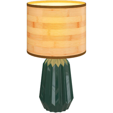 Lampe table base céramique abat-jour lin style rétro chambre 40 W, bois vert/naturel