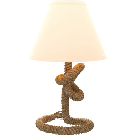 Lampe table LED base métal corde lin, abat-jour tissu max 40 W, Ø28x45,5 cm, brun/beige