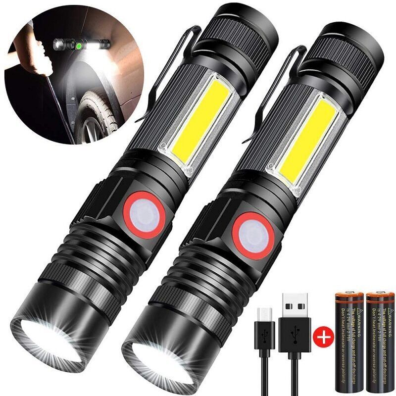 Lampe torche 3 en 1, lampe torche LED rechargeable par USB, aimant zoom, lampe de travail étanche COB 4 modes (2 pièces)