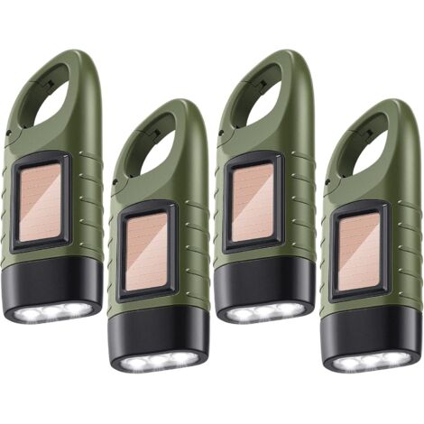 Lampe torche à manivelle 4 pièces, rechargeable solaire, lampe torche LED de survie à manivelle avec boucle, idéale pour les sports de plein air, le camping et la randonnée - Verte