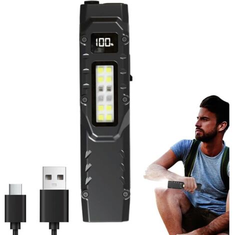 Lampe torche compacte rechargeable, 5 modes, avec clip, idéale pour le camping, la randonnée et les situations d'urgence.