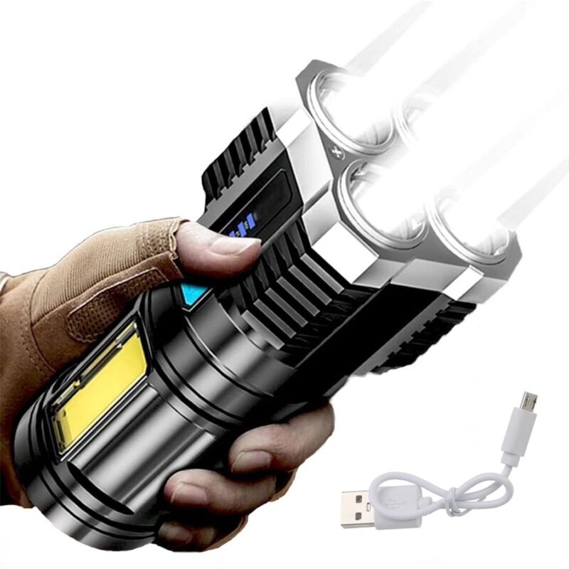 Lampe torche LED 4 cœurs super lumineuse rechargeable par USB Lampe multifonction pour camping COB [Classe énergétique A]