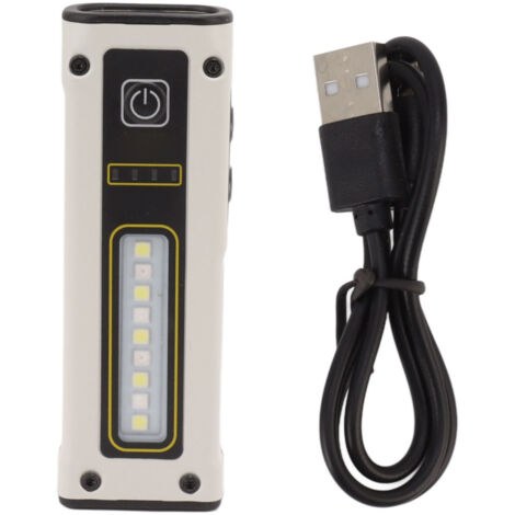 Lampe torche LED COB portable avec double source lumineuse, recharge USB-C 800mAh et aimant puissant, éclairage blanc réglable.