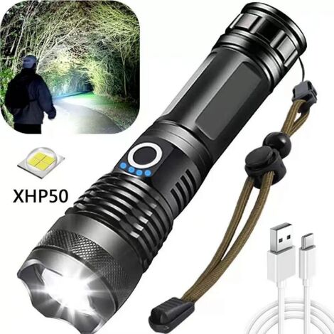 Lampe torche LED haute puissance, 10 000 lumens, lampe torche LED P50 avec zoom, rechargeable par USB, 5 modes d'éclairage