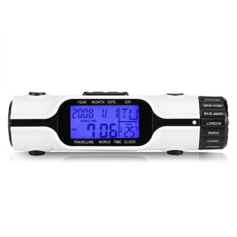 Lampe torche LED numérique, horloge de voyage avec heure mondiale, réveil et thermomètre d'extérieur
