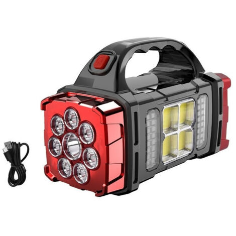 Lampe torche LED portable multifonctionnelle, alimentée par énergie solaire et rechargeable par USB, idéale pour une utilisation en extérieur.