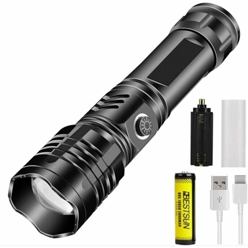Lampe Torche led Puissante XHP50 Super Lumineuse 10000 Lumens usb Rechargeable Étanche Zoomable 5 Modes Torche Tactique avec Voyant D'alimentation