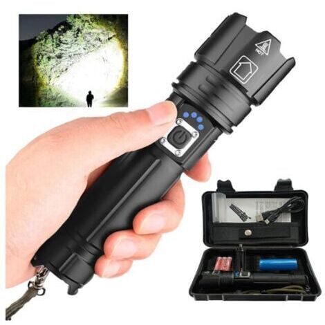 Lampe torche LED rechargeable 10 000 lumens – Étanche IP68 – 5 modes d'éclairage – Alliage aluminium haute résistance – Autonomie 12h - XHP70