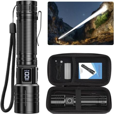 Lampe torche LED rechargeable 1000 lm, zoomable, 6 modes, puissante et étanche, idéale camping, randonnée, secours