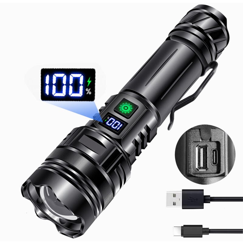 Lampe Torche led Rechargeable, 1500 Lumens Lampe de Poche led Ultra Puissante, 5 Modes D'éclairage IP65 Étanche Lampe Led Rechargeable Lampe Tactique