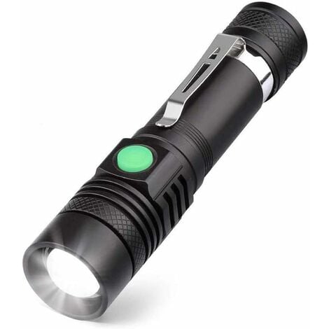 MEMKEY Lampe Torche LED Rechargeable USB, Lampe de Poche 600 Lumens, IP65 Étanche, 4 Modes Eclairage, Lampe de Poche Zoomable pour Ménage, Le Camping, La Randonnée, D'urgence (Batterie Incluse) [Classe énerg