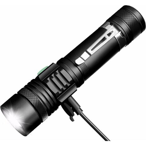 AOUGO Lampe Torche LED Rechargeable USB, Lampe de Poche Puissante 600LM Etanche Zoomable, 4 Modes Intensité Ajustable pour Ménage, Le Camping, La Randonnée, D'urgence (Batterie Incluse)