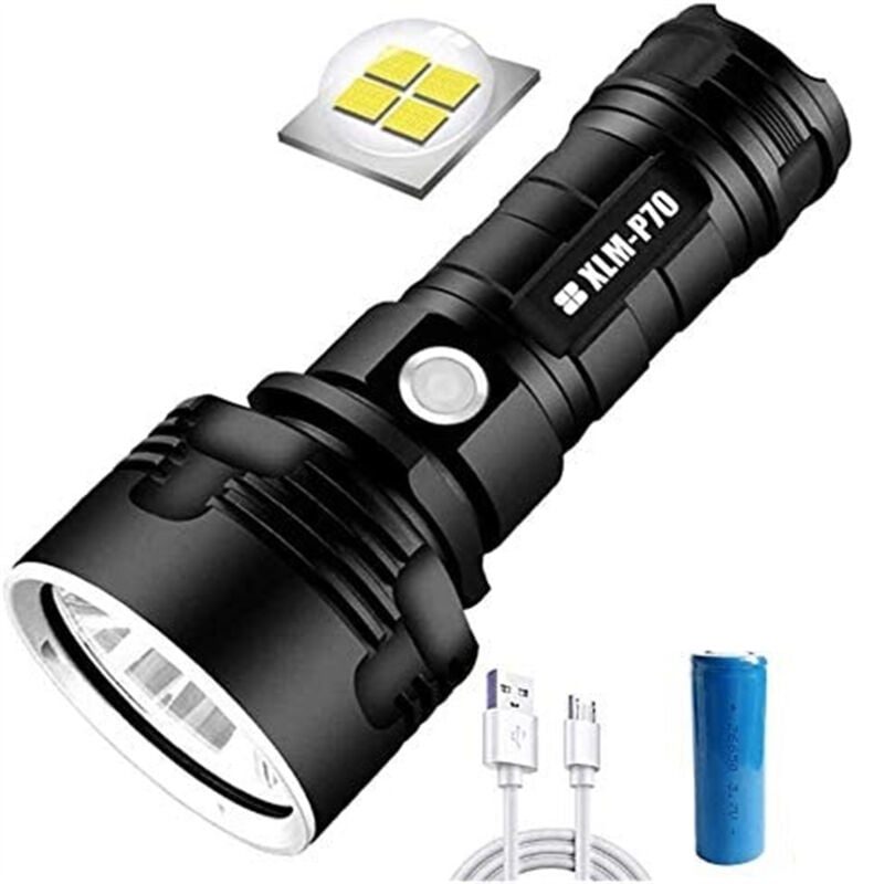 Lampe torche led rechargeable usb, super lumineuse 100 000 lumens, 3 modes d'éclairage, étanche, zoomable, lampe de poche tactique avec batterie