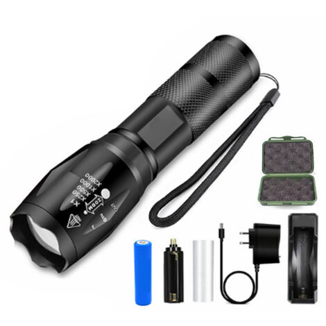 Lampe Torche LED T6 Portable avec Chargeur et Compartiment à Piles en Alliage d'Aluminium pour Extérieur