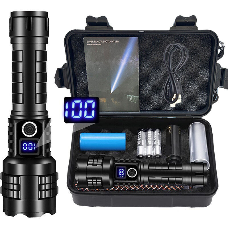 Lampe torche LED rechargeable 100 000 lumens – 7 modes d'éclairage – IPX7 étanche pour camping et randonnée – Portée 1500 m