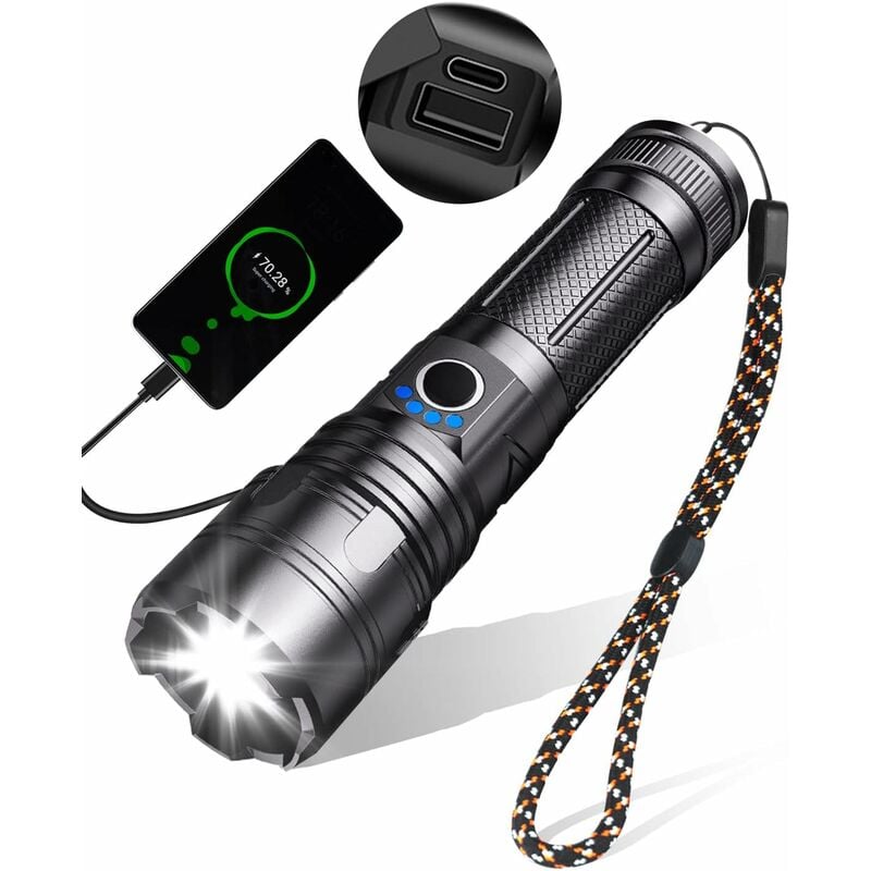 Aougo - Lampe Torche led Ultra Puissante, 10000 Lumens Lampe Torche Rechargeable, Lampe Tactique, 5 Modes usb Torche, IPX5 Étanche, Zoomable Antichoc