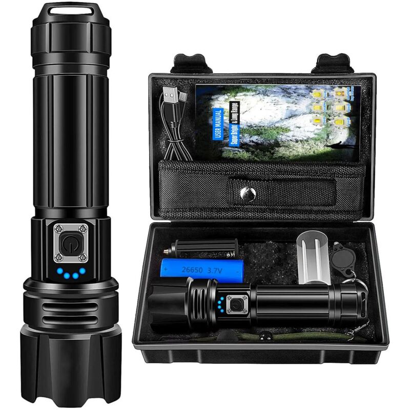 Lampe Torche LED Ultra Puissante, 10000 Lumens Rechargeable, IP67 Étanche Lampe Tactique, P70 Torches 5 Modes, Zoomable, pour Camping Randonnée