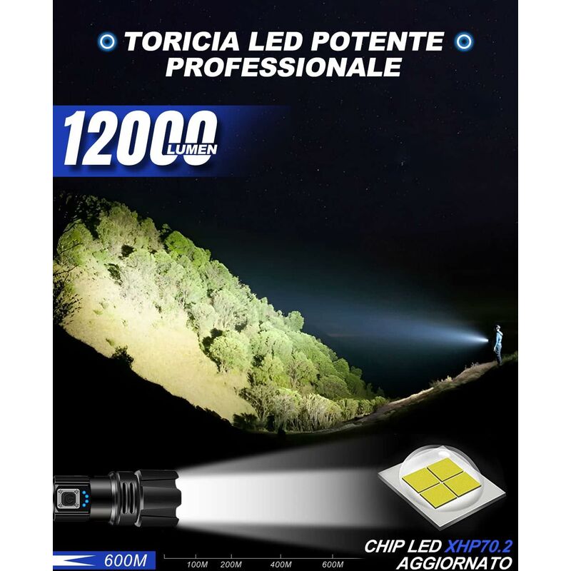 Lampe Torche led Ultra Puissante, 10000 Lumens Rechargeable, IP67 Étanche Lampe Tactique, P70 Torches 5 Modes, Zoomable, pour Camping Randonnée