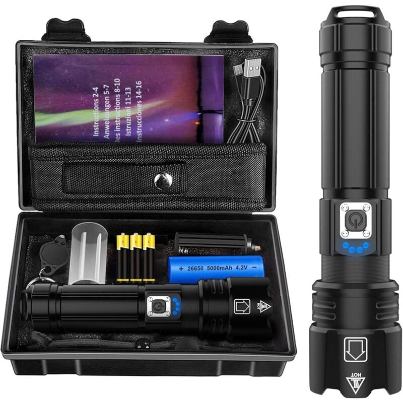 Lampe Torche led Ultra Puissante, 10000 Lumens Rechargeable, IP67 Étanche Lampe Tactique, P70 Torches 5 Modes, Zoomable, pour Camping Randonnée