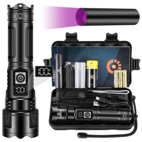 Lampe Torche LED Ultra Puissante, 100000 Lumen Lampe de Poche Rechargeable USB C, Multifonction Longue Portée Tactique Torches, Zoomable IPX6 Etanche Flashlight, LCD Affichage, Pour Camping