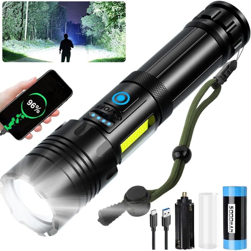 Lampe Torche LED Ultra Puissante, 100000 Lumens Lampe de Poche Rechargeable, Lampe Torche Tactique Militaire Puissante, IPX6 Étanche, 7 Modes