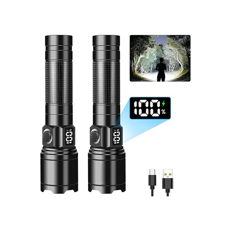 Lampe Torche LED Ultra Puissante 100000 Lumens, Lampe de Poche Rechargeable USB, Lampe Torche Puissante Longue Portée, IP65 Étanche pour Camping,