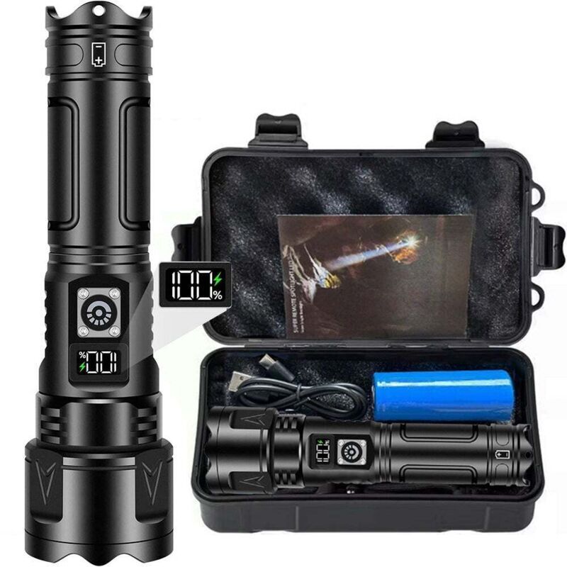 Lampe Torche LED Ultra Puissante, 1000000 Lumen Lampe de Poche Rechargeable USB C, Zoomable IPX6 Etanche Flashlight, LCD Affichage